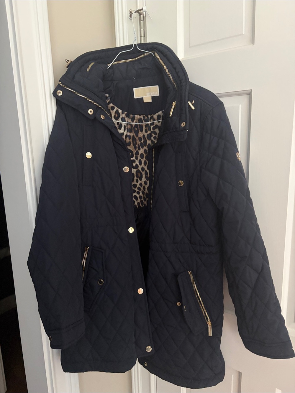 Michael Kors Women's Quilted Navy Puffer Coat with Leopard Print Lining